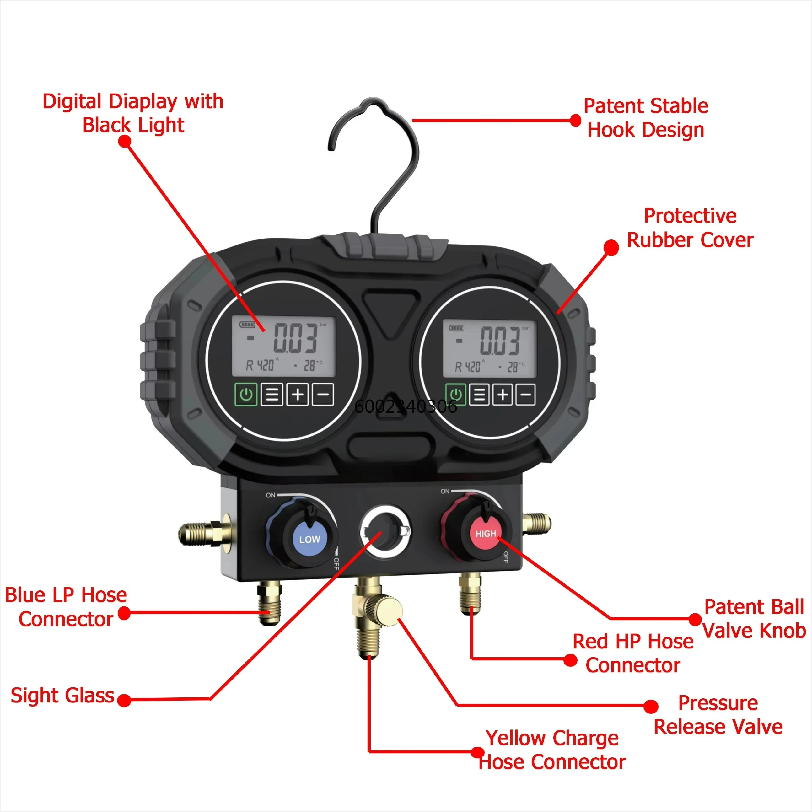 Digital HVAC Manifold Gauge Set for R134A/R410A/R1234YF/R290/R600