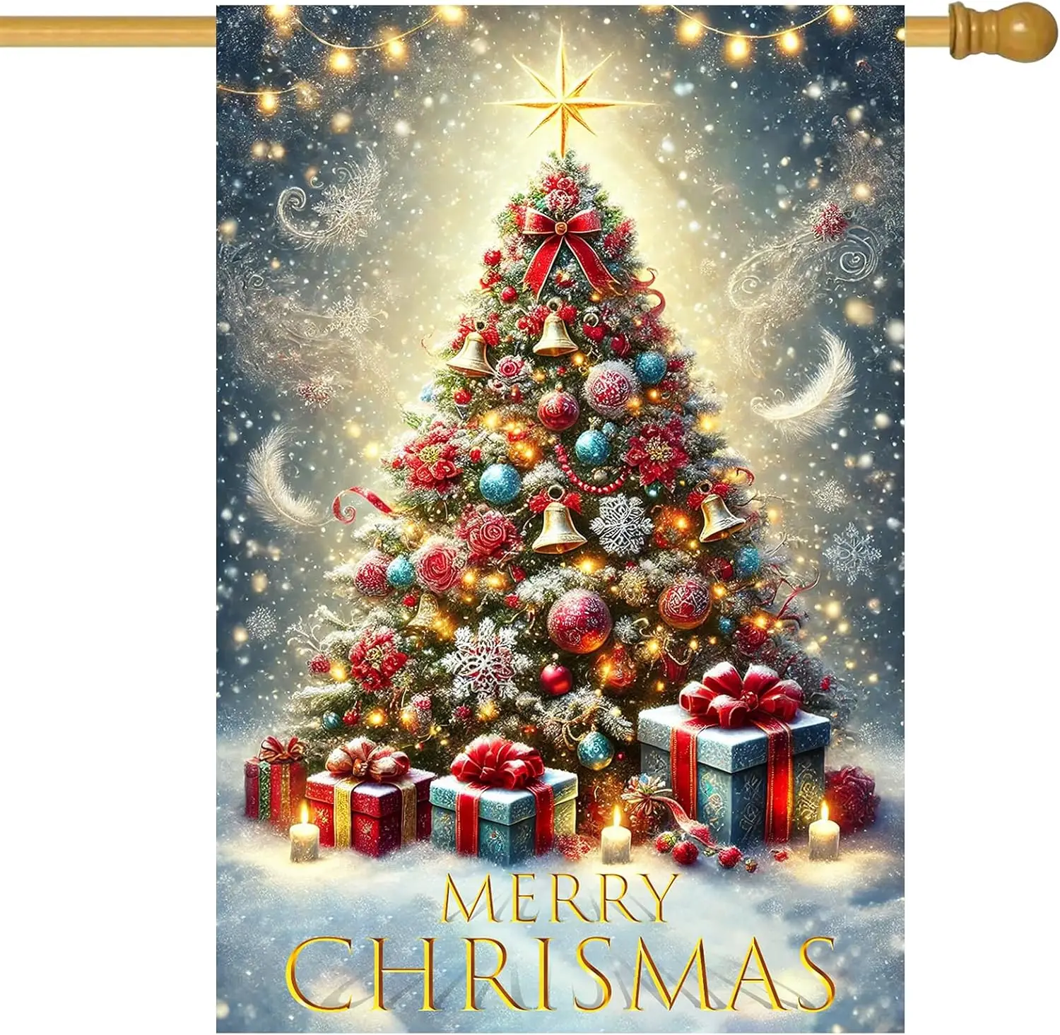 BlissYard Merry Christmas House Flag 28 x 40 Inch Double Sided Garden Flag with Decorated Christmas Tree Gifts and Star Topp zzo