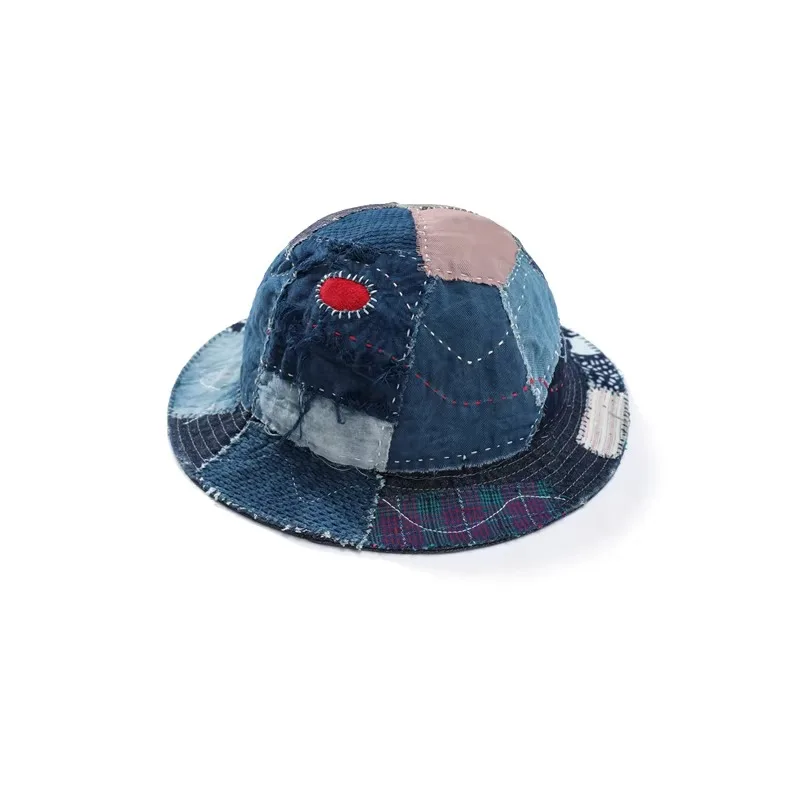 

Indigo-dyed Vintage Fisherman's Hat with Patchwork and Embroidery Featuring Japanese-style Retro Design Hat