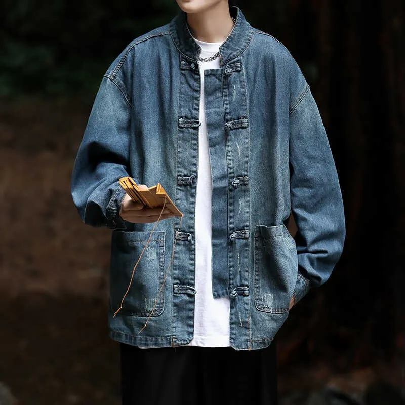 

Waed Denim Jaet Men's Vintage Sle Chinese New Sle adient Dyed with Bule Outerwear ort Sve Single Button