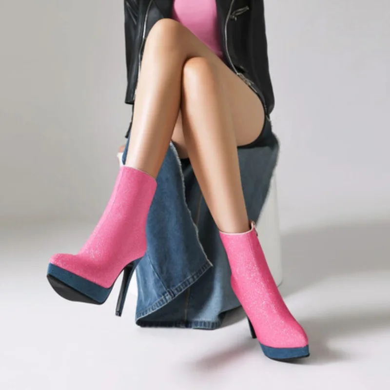 

2023 Washed Denim 10cm Short Boots Shiny Leather 2cm Waterproof Platform Pointed Toe Ankle Boots 33-45 Short Plush Winter Boots