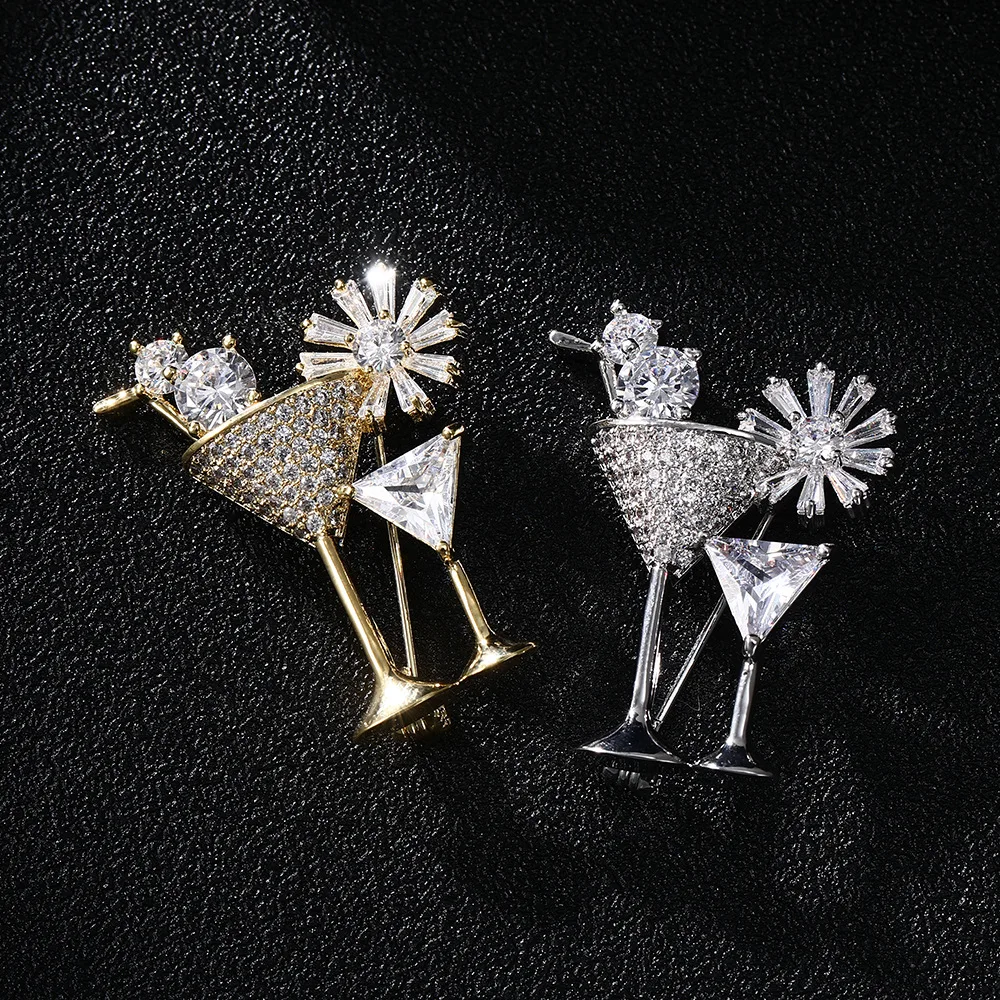 Creative Cocktail Glass Brooches for Women Cubic Zircon Copper Luxury Brooch Pins Dress Coat Sweater Accessories Jewelry Gifts