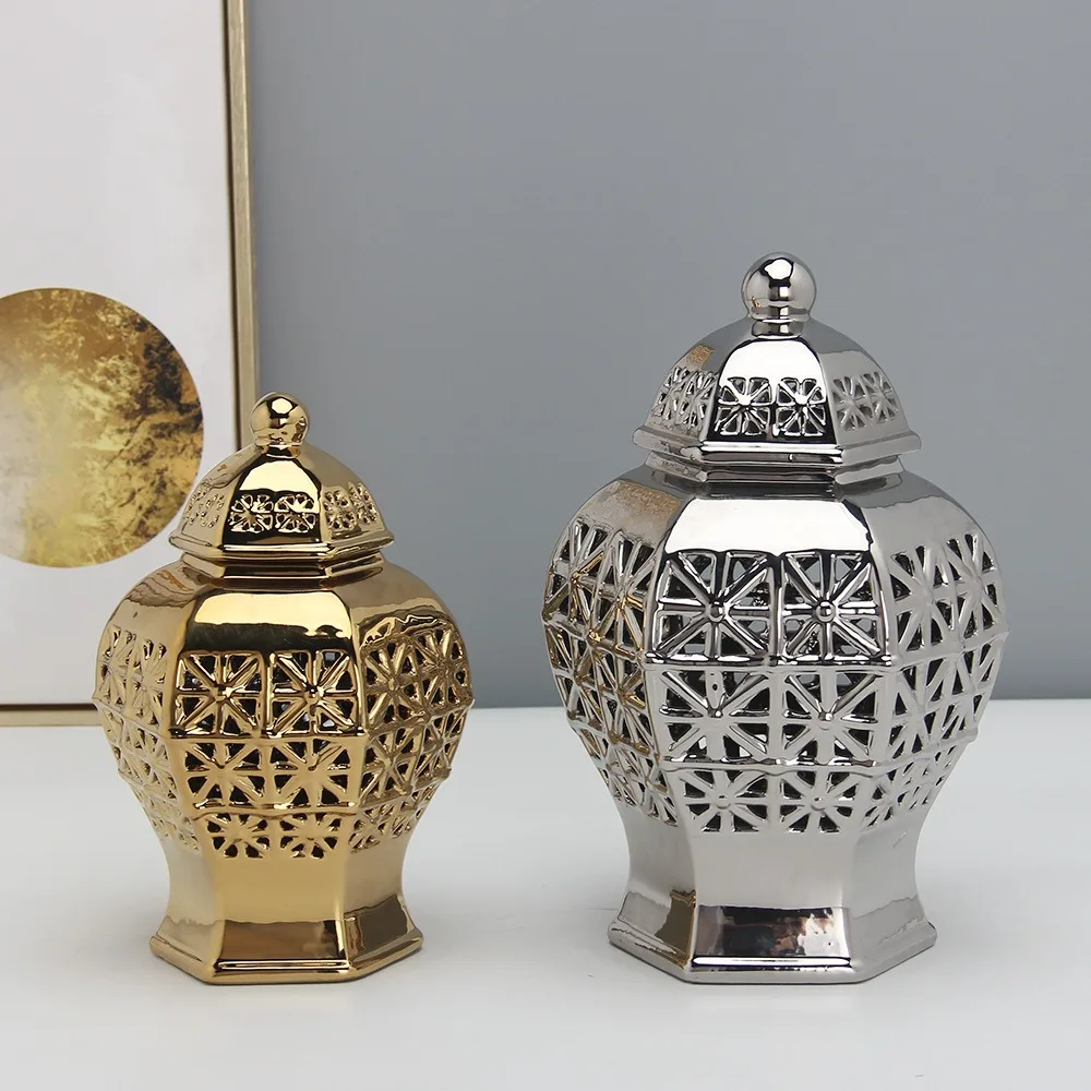 Hollow-out Grid Ceramic Ginger Jar Home Decoration Decoration Light Luxury Creative Soft Flowers Inserted Crafts Home Decoration