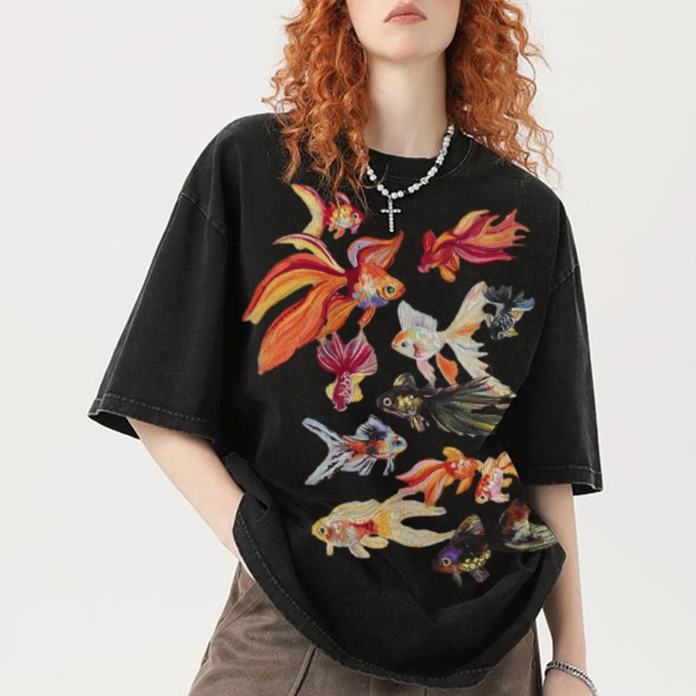 

Fish graphic t shirts Women's Luxury brand sports Wear Vintage High Street Oversized T-shirts Design Sense Pattern Clothing