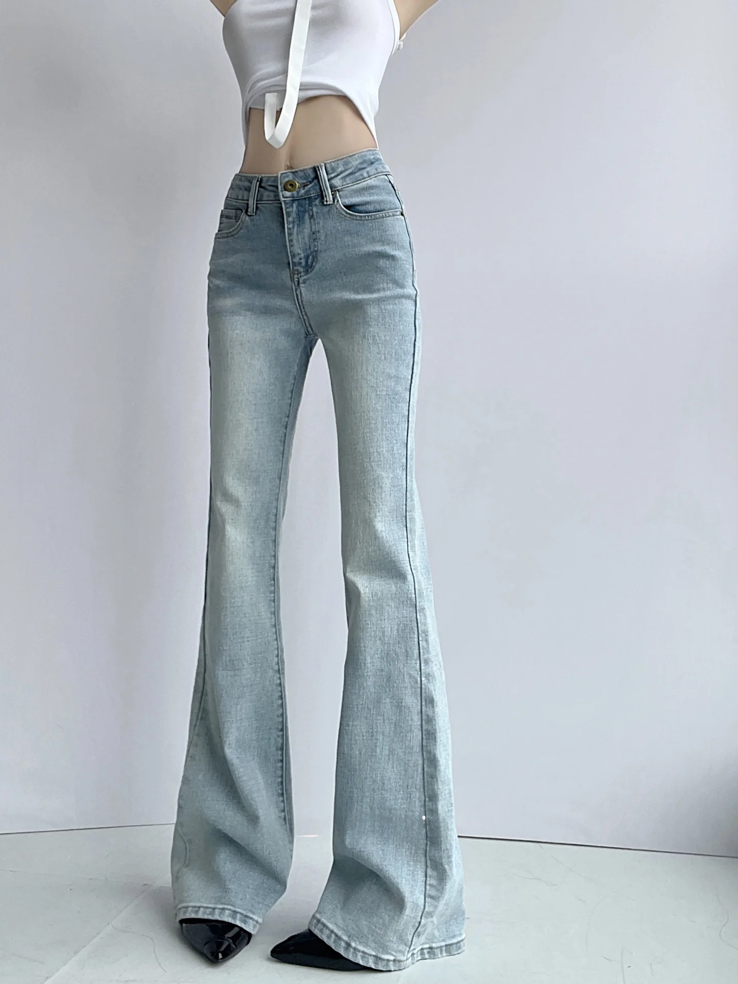 White High Waist Slimming Bell Bottom Jeans Women's Summer New Elastic Fitting Micro Flared  Hoof Denim Jeans Women