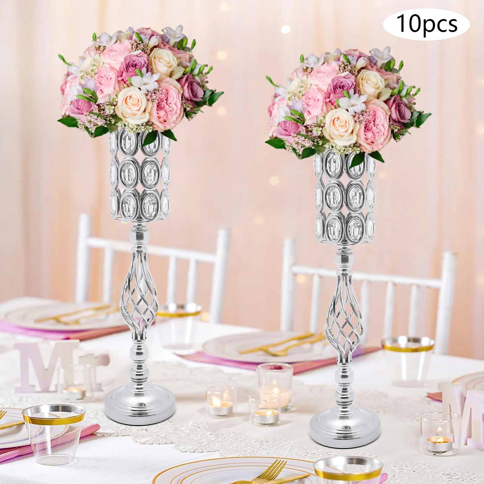 Set of 10 Wedding Vases – 61cm Tall Silver Decorative Vases