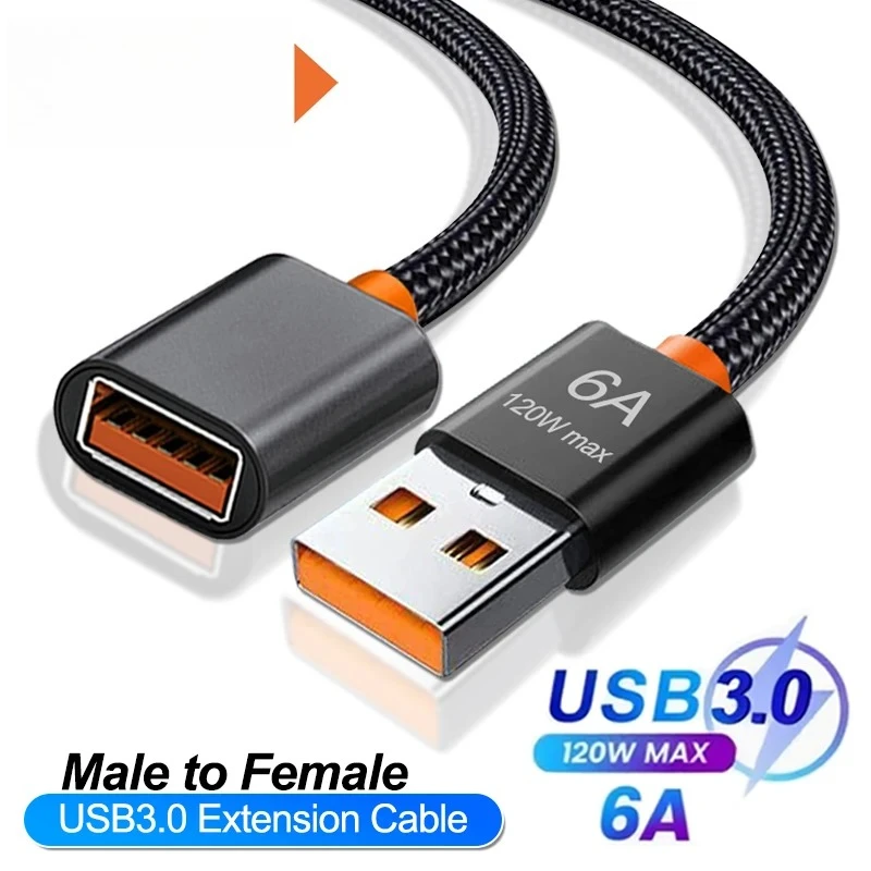 120W 6A Nylon Braided High Speed Transmission Cord, USB 3.0 Extension Cable, Male to Female Extension Wire for Computer Camera