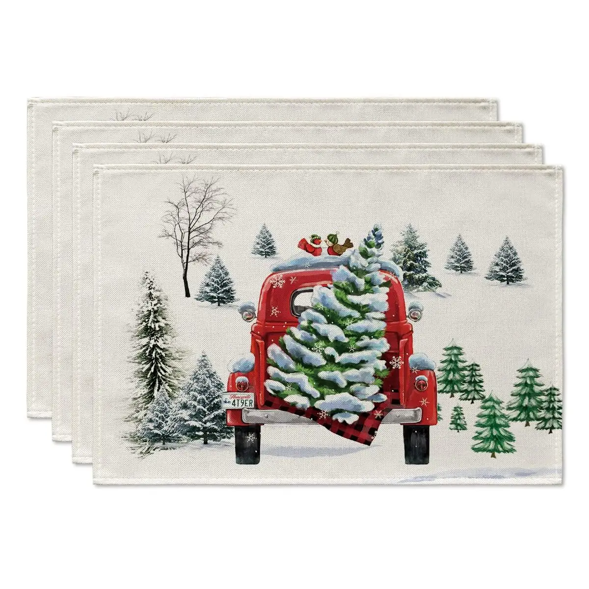 

Watercolor Snow Tree Truck Christmas Placemats Set of 4,12x18 Inch Winter Xmas Holiday Table Mats for Party Kitchen Dining Decor