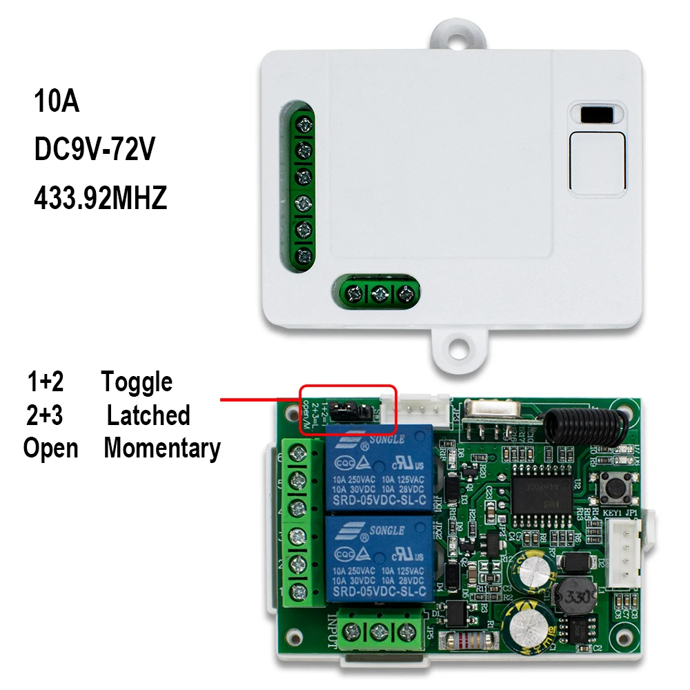 2CH Wireless Switch Relay Module DC 12V 24V 9-72V With 433MHz Remote Control For Garage Door,Curtain，Motor,Light,Home appliance