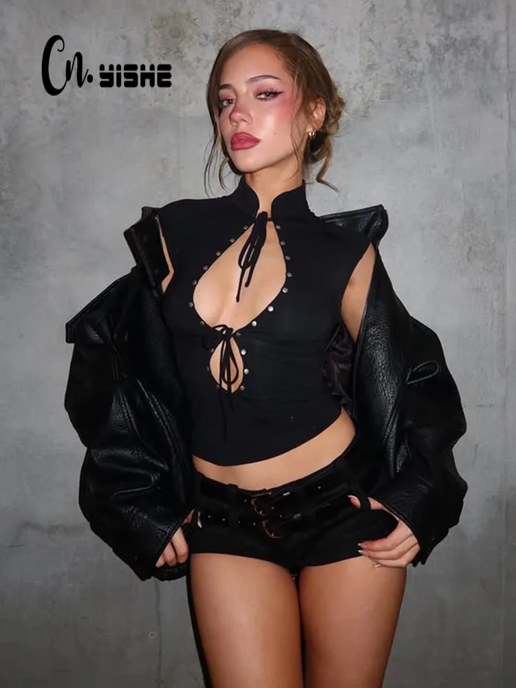 

CNYISHE Women Tops Sleeveless Hollow Out Bandge High Collar Skinny Fashion Solid Chic Hot Girls Trendy Tees Blous Female