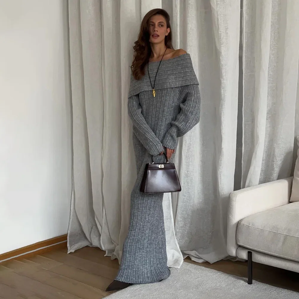 Knitted Off-Shoulder Long-Sleeve Dress European and American Autumn and Winter New Off-Shoulder Hip Knitted Dress for Vestidos