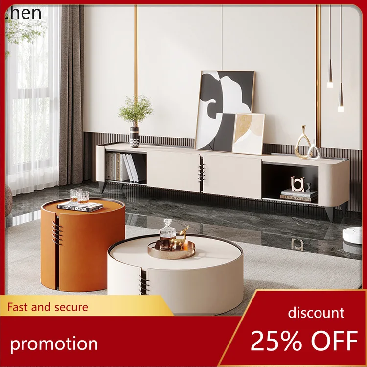 

YFY Italian Style Light Rock Board High and Low Tables Living Room Simple Leather Large and Small Round casual Tea Tables