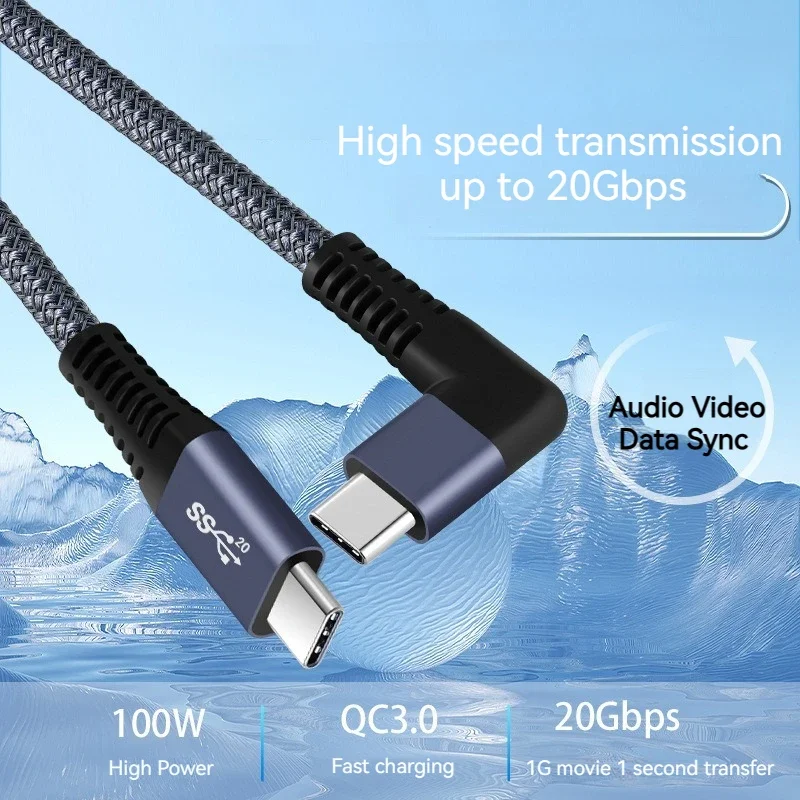 90 Degree Right Angle USB 3.2 10/20Gb Type-C Data Cable 4K@60Hz 5A 100W QC PD Charging Nylon Braid Cord for PC Mobile Phone