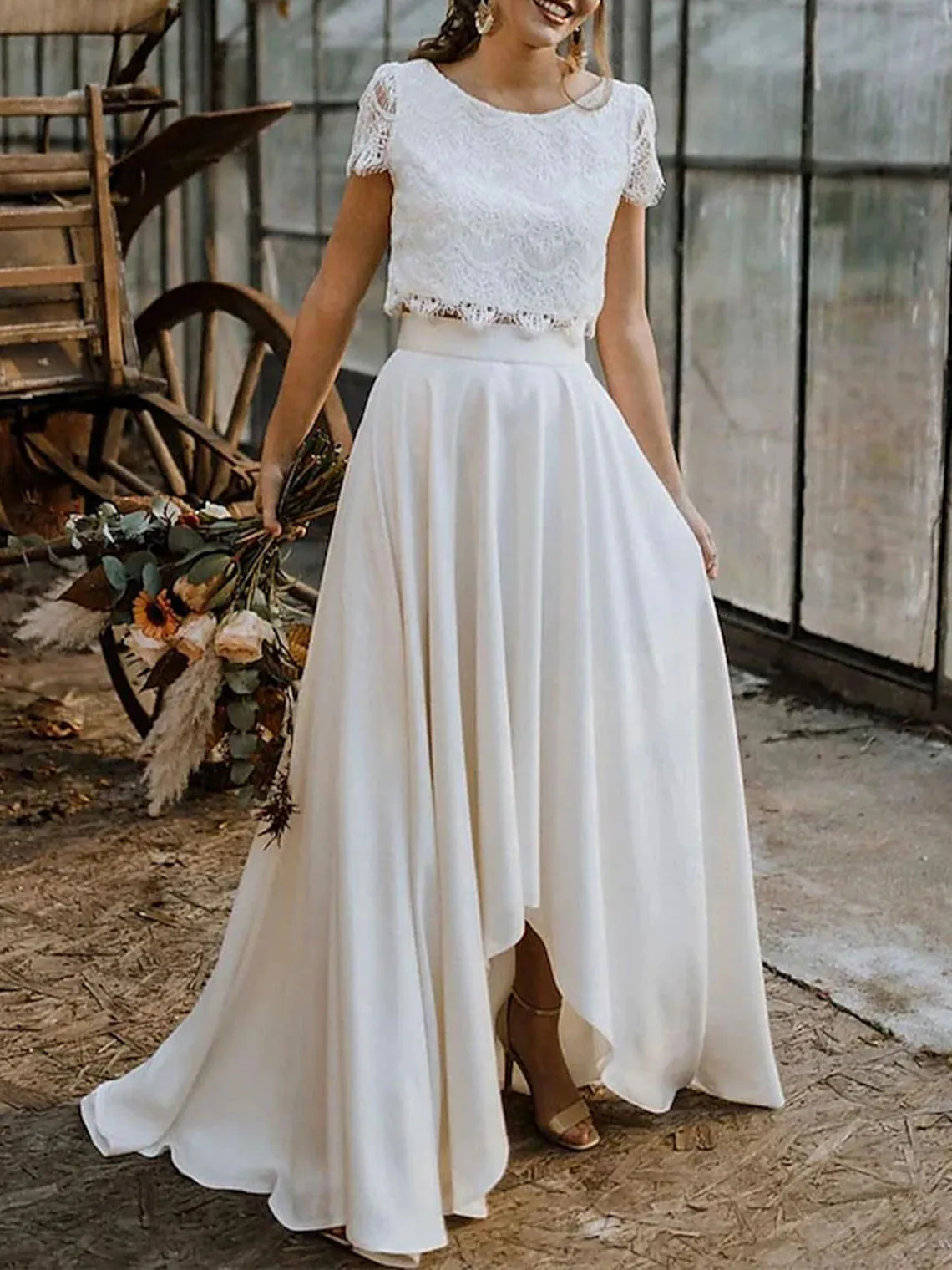 Elegante vestido de casamento de duas peças barco pescoço manga renda a linha assimétrico separa vestido de noiva 2025 personalizado grátis