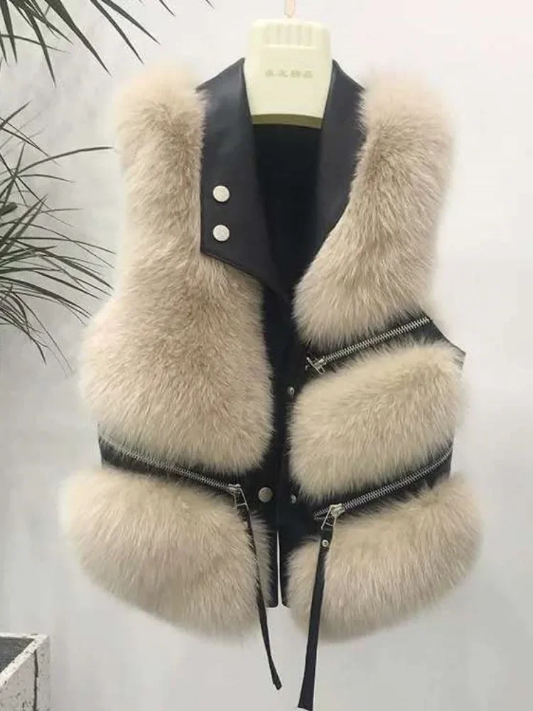 Fluffy Women Vests Coat 2023 New Autumn Winter Splice Zipper Sleeveless Fur Jacket Short Outerwear Artificial Fur Waistcoat