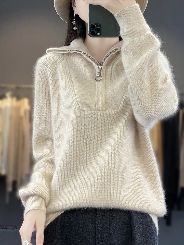 

2024 New Women 100% Mink Cashmere Sweater Mock Neck Zipper Pullover Autumn Winter Thick Jumpers 5 color Cashmere Knitwear Tops