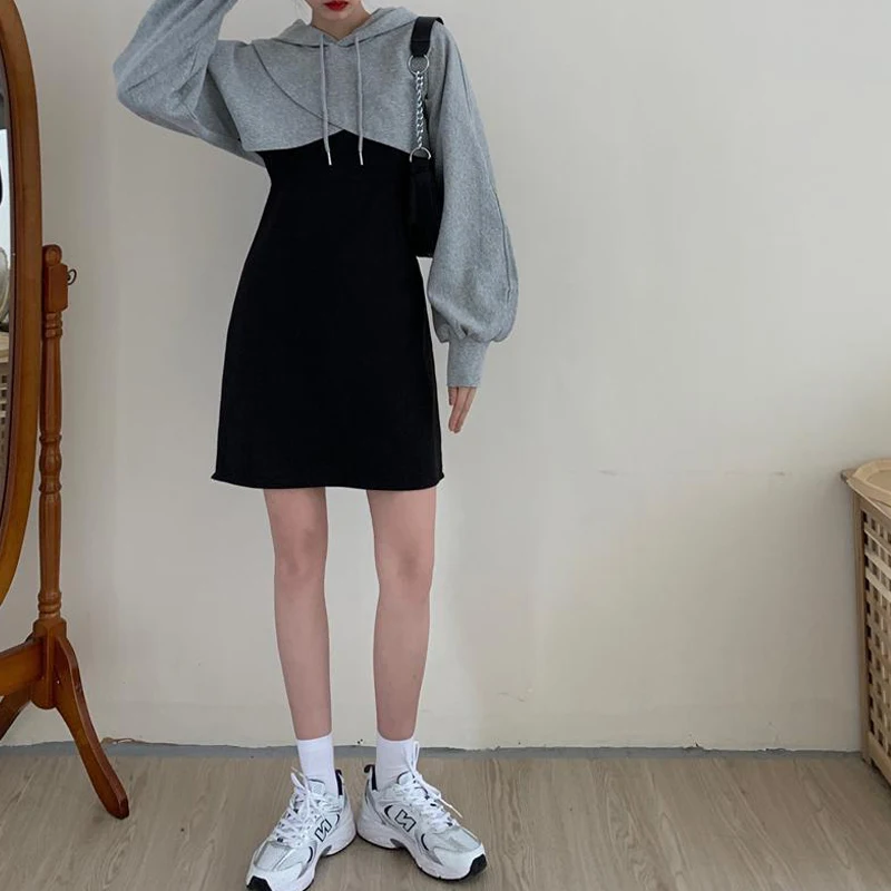 

Комплект из двух предметов: худи с длинным рукавом и юбка А-силуэта больших размеров, весенний, в корейском стиле, из полиэстера