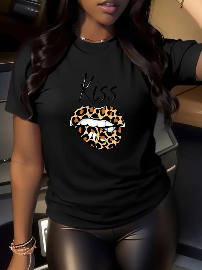 Leopard Lips Graphic Tees For Women Baddie Aesthetic T Shirt Kiss Letter Print Casual Short Sleeve Y2K Harajuku Top Female Summer Clothing