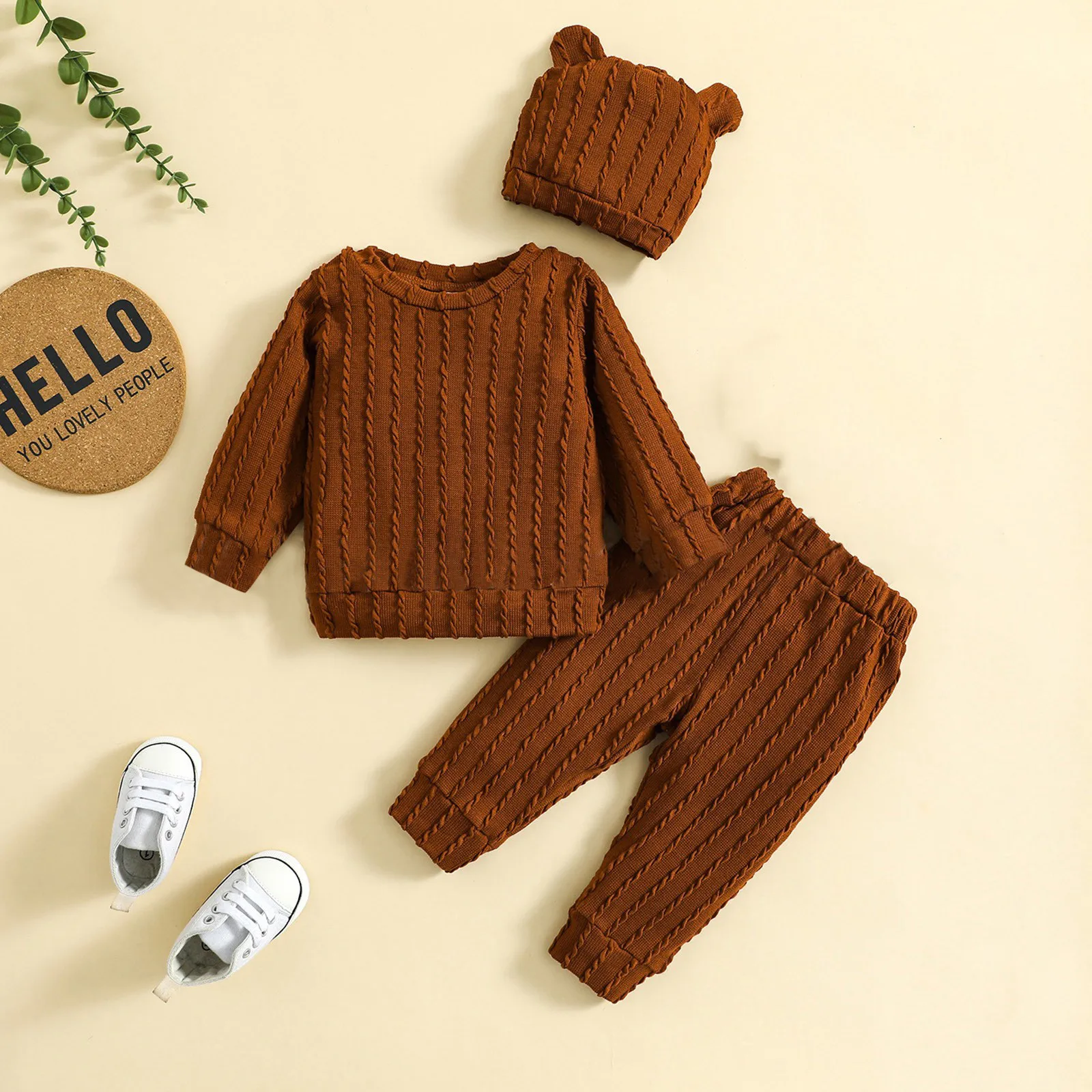 

Infant Baby Girl Boy Clothes 3Pcs Set Round Neck Long Sleeve Textured Surface Solid Color Pullover Tops Elastic Waist Pants Hat