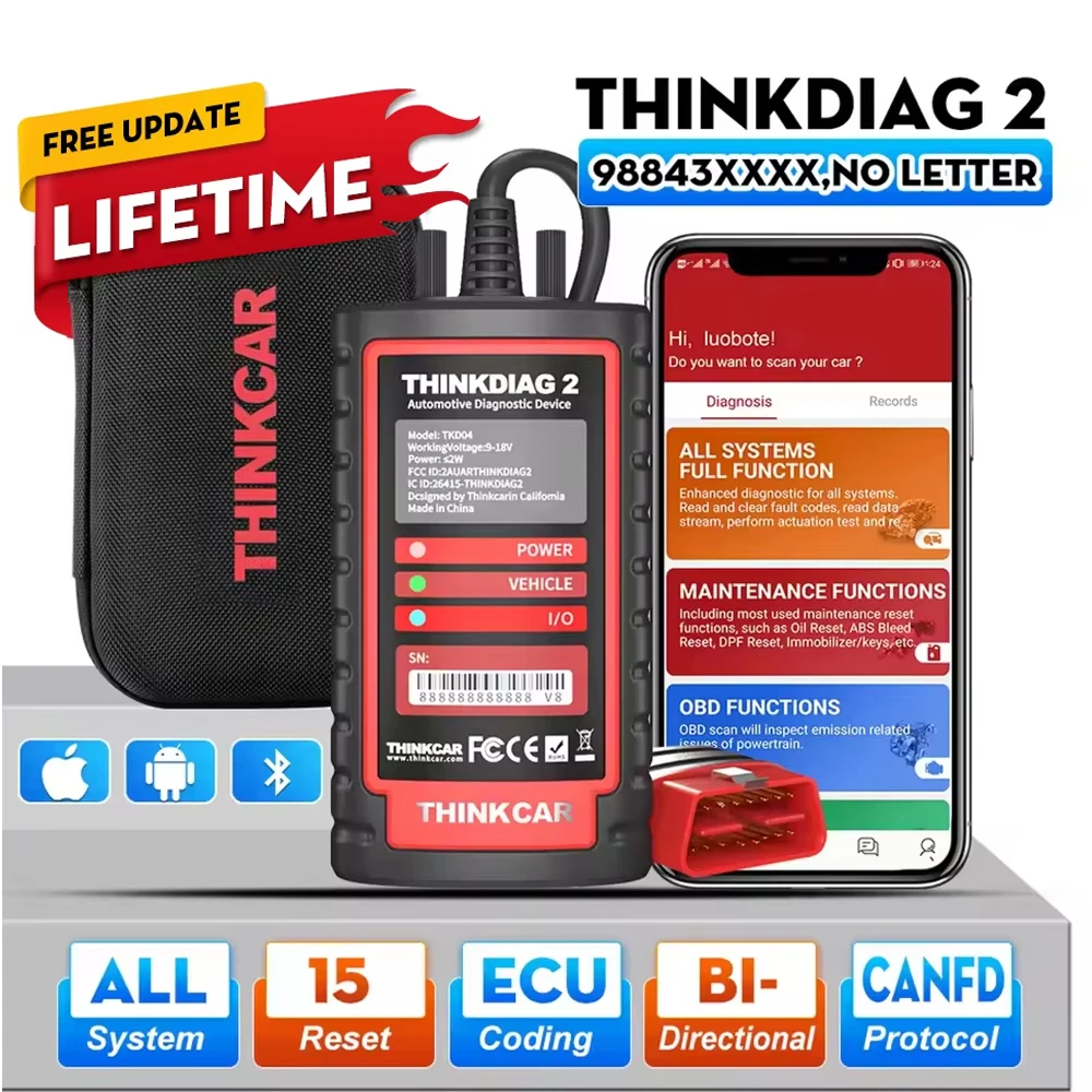 THINKCAR Thinkdiag 2 OBD2 Scanner Support CAN FD Protocols Fit For GM Car Brands Free Full Softwares 16 Reset Functions ECU Code