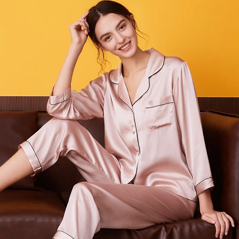 

100% Mulberry Silk Pajamas Luxury Women's Two-piece Long-sleeved Pants Sleepwear Couples Home Service Silk Pyjamas Loungewear