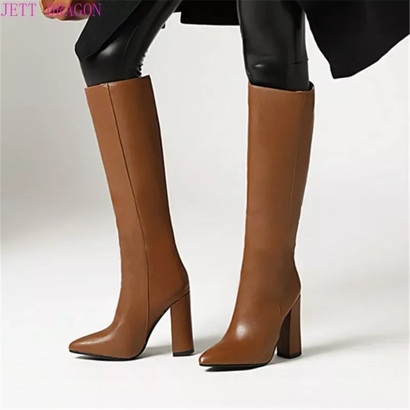 2024 Fashion Women Knee High Boots Women Zipper Long Boots Ladies Pointed Toe Square Heel Autumn Winter Boots White Brown Black