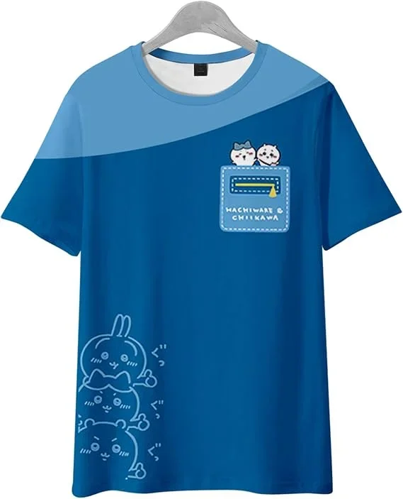 Chiikawa 3D-Druck T-Shirt Schwarz-Weiß Gestreiftes Kurzarm-Shirt Niedlicher Cartoon-Charakter Lässiges Unisex-Sommer-Oberteil Familien-Partnerlook – Detail 7