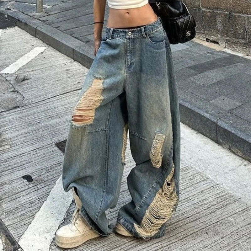

American Plus Size Ripped Old Jeans Women Y2k Streetwear High Waist Hip Hop Wide Leg Pants Casual Loose Wide-leg Trousers