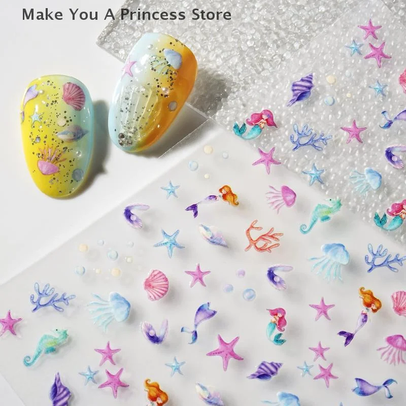 Pegatinas para decoración de uñas, Color bonito, océano, relieve 3D, estrella de mar de verano, concha, calcomanías para decoración de uñas, suministros para decoración de uñas