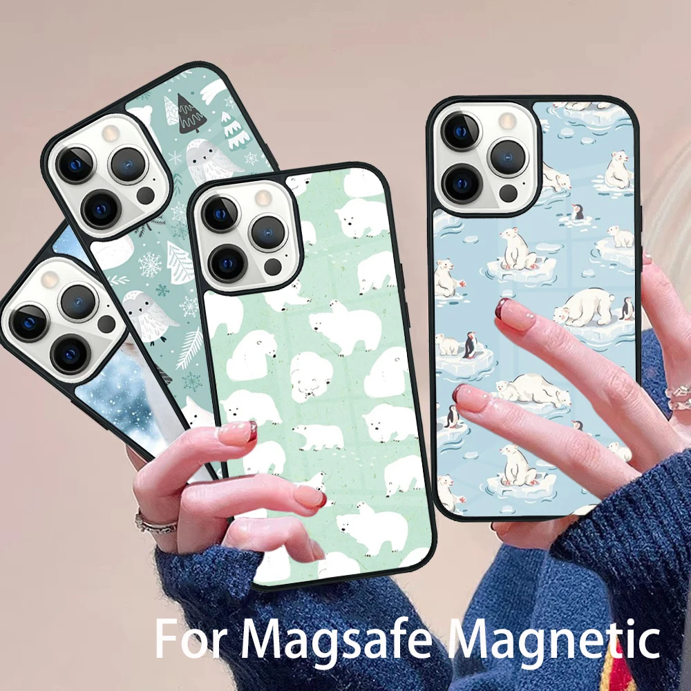 

Cute Polar Bear Phone Case Magesafe Magnetic Wireless Charge Cover For IPhone 16 11 12 13 14 15 Pro Max Plus Mini