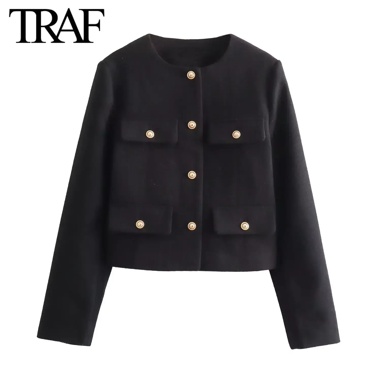 TRAF Women Fashion Autumn Winter Single-breasted Textured Round Neck Flip Pocket Short Jacket Coat Chic Ladies Tops Mujer