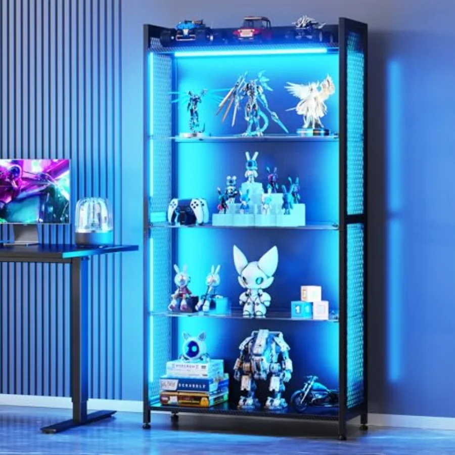 Display Case with Glass Shelves and RGB Lights, 4-Tier Display Cabinet