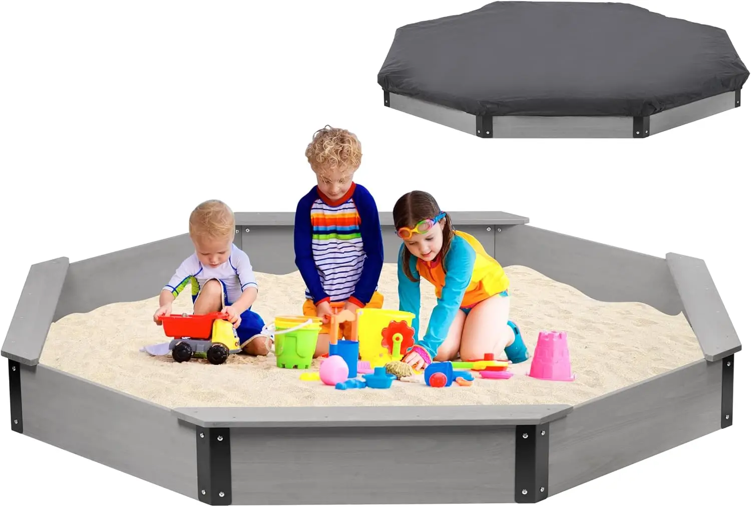 

85''x78''x9'' Octagon Sandbox with Cover for Kids Outdoor Play, Wood Large Sandpit with 4 Benches, Quick Easy Install, US. Paten