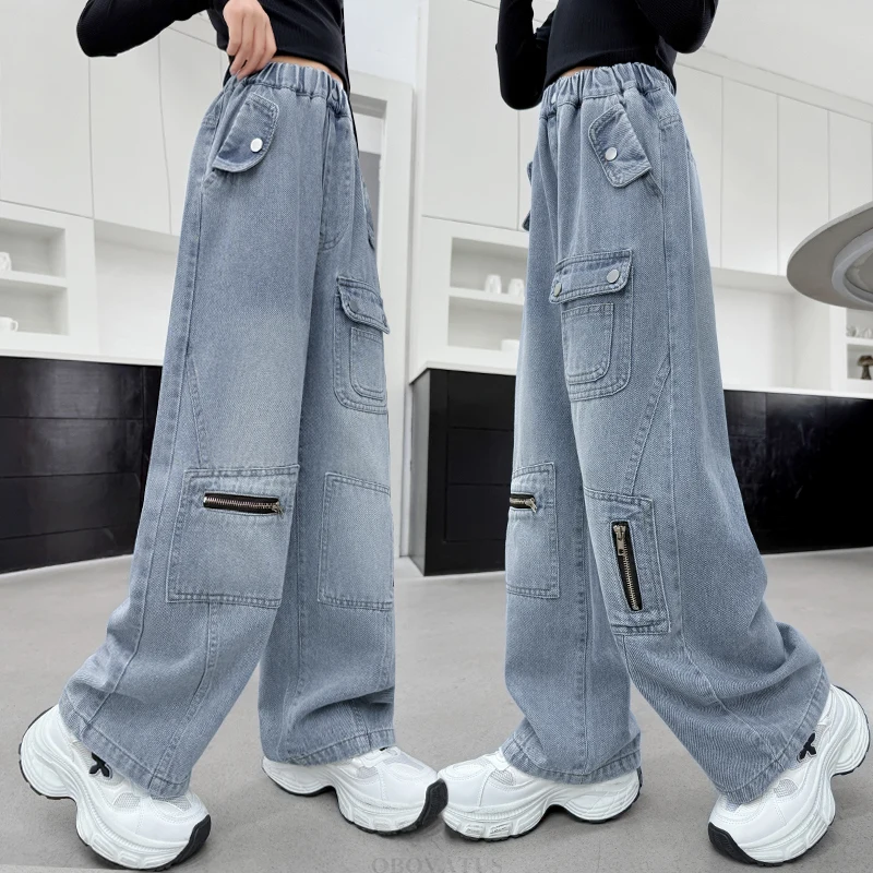 

Kids Child Street Style Elastic Waist Jeans for Teen Girl Straight Leg Denim Cargo Pants Wash Solid Color Multi Pockets Trousers
