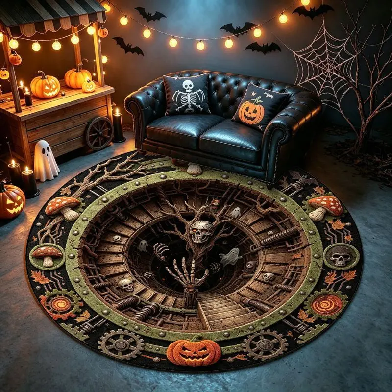 VIKAMA Halloween Round Rug Gothic Skeleton Death Abyss 3D Castle Non Slip Area Rug Living Room Spooky Decor Soft Durable Unique