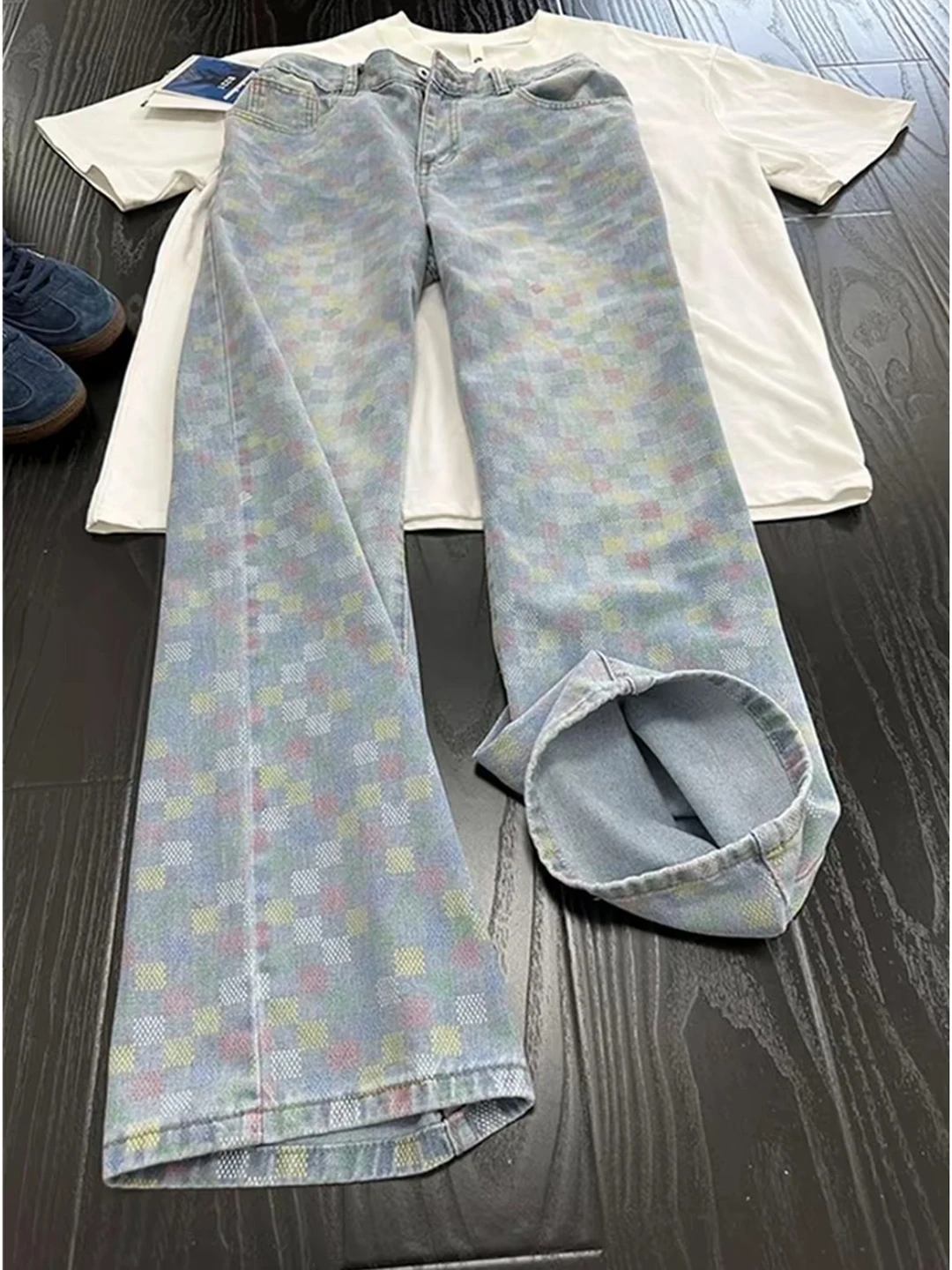 American Checkerboard Pattern Straight Leg Jeans Men Women Early Autumn High Street Micro Flare Pants Student Teenager Adult
