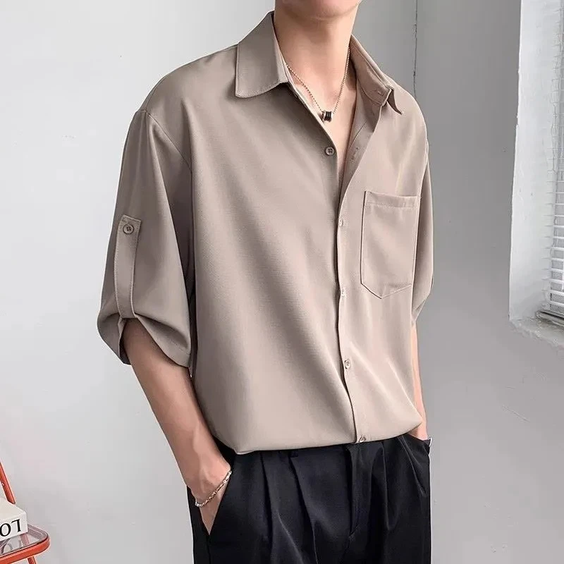 

Men's Ice Silk Short Sleeve Shirt Turn Down Collar Seven Sleeve Solid Color Casual Fashion Top