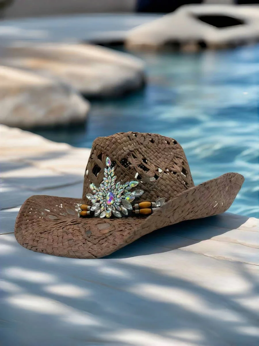 

Соломенная шляпа с кристаллами в ковбойском стиле для женщин и мужчин, винтажная пляжная шляпа для вечеринок, летних фестивалей, кантри-музыки, головной убор в стиле вестерн