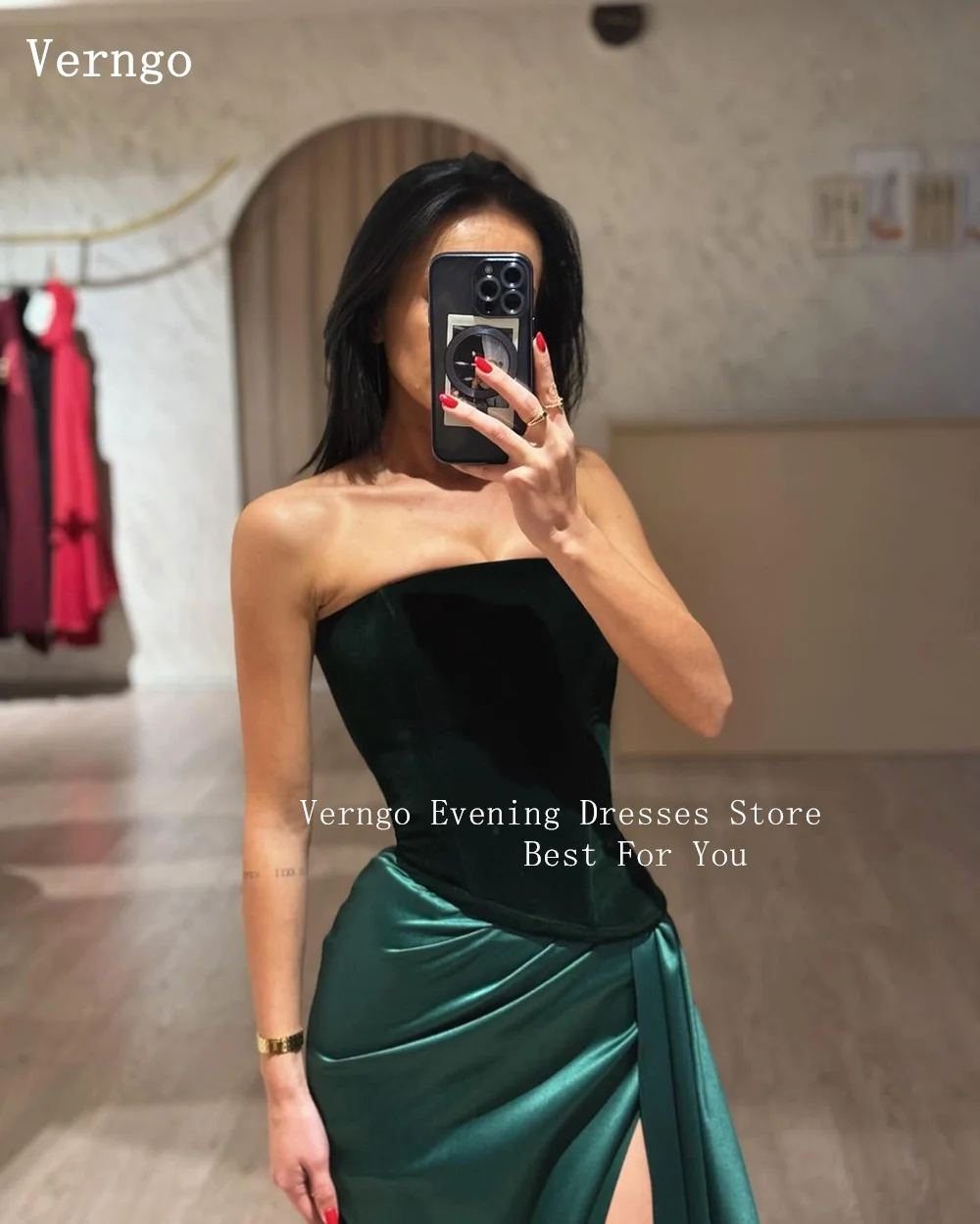 Verngo Dark Green Velvet Prom Gowns Strapless Mermaid Simple Party Dresses Side Slit Slim Prom Evening Dress Customized