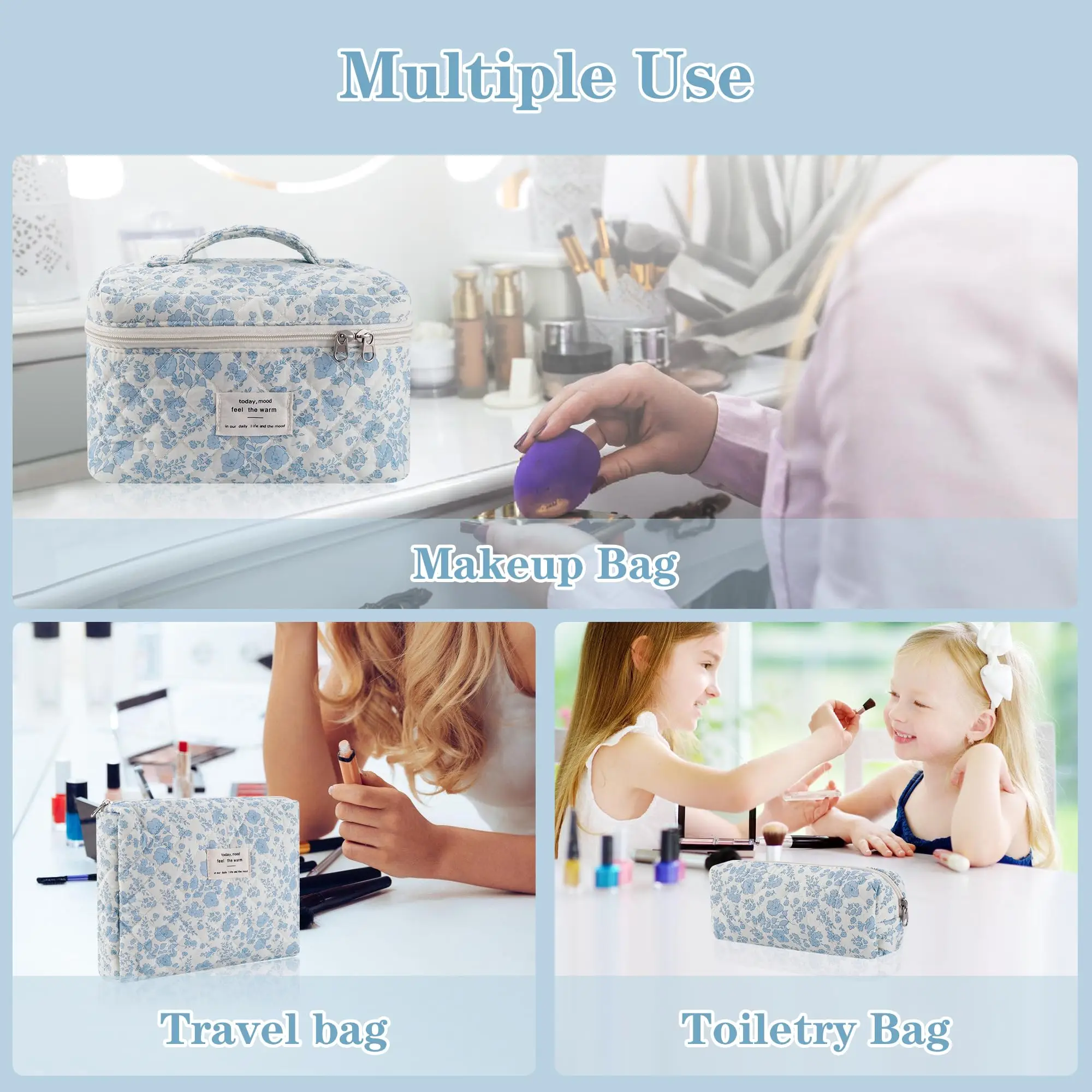 3Pcs Cotton Quilted Makeup Bag Set Women Zipper Cosmetic Organizer Female Cloth Handbag Portable Toiletry Case for Girls