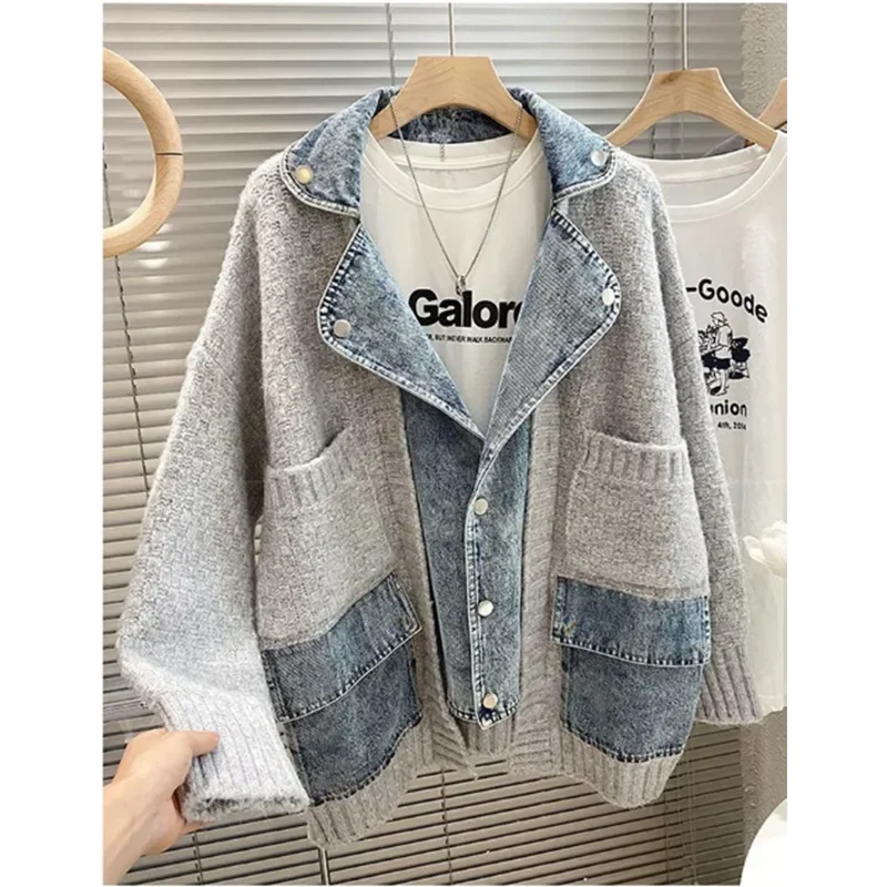 2024 Autumn Winter Retro Personality Stitching Denim Jacket Lazy Wind Knitted Sweater Cardigan Fashion Tide Comfortable Jacket