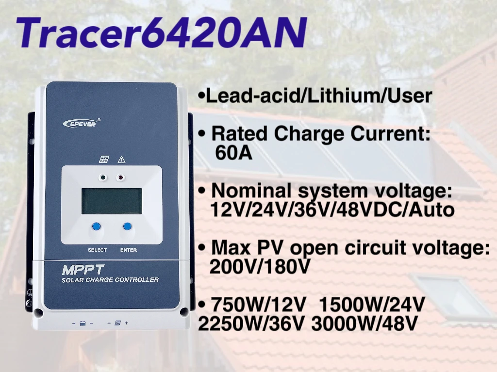 60A MaxPV 200V MPPT Solar Charge Controller EPEVER Tracer6420AN with Accessory Optional MT50 USB Sensor Charger Regulator