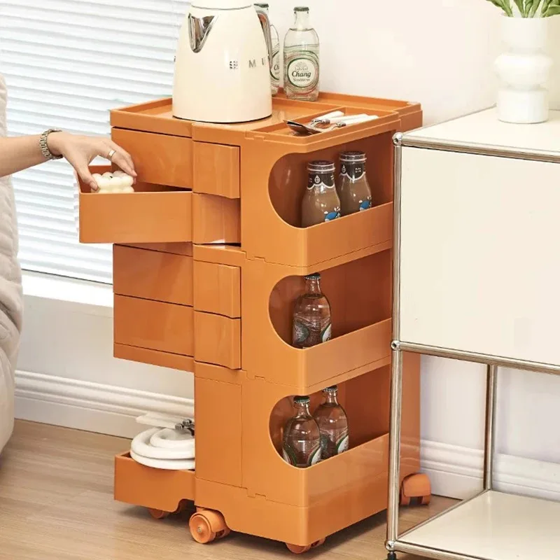 Estanterias elegantes con ruedas para exhibición de plantas, armario naranja para sala de estar, estantería de juguete, organizador de diseño, muebles de salón