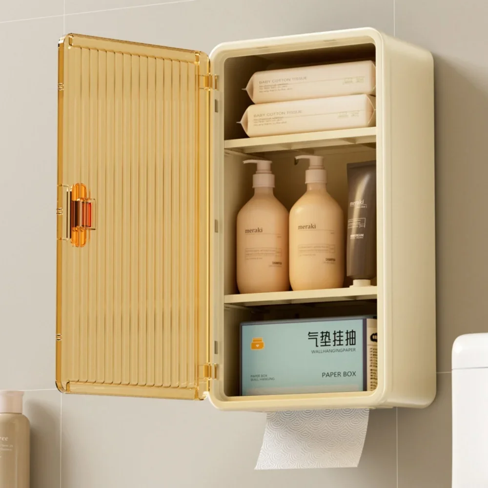 Bathroom Semi-transparent Simple Wall-mounted Pull-out Box Home No-punch Flat Door Tissue Storage Box Shampoo Organizer Box