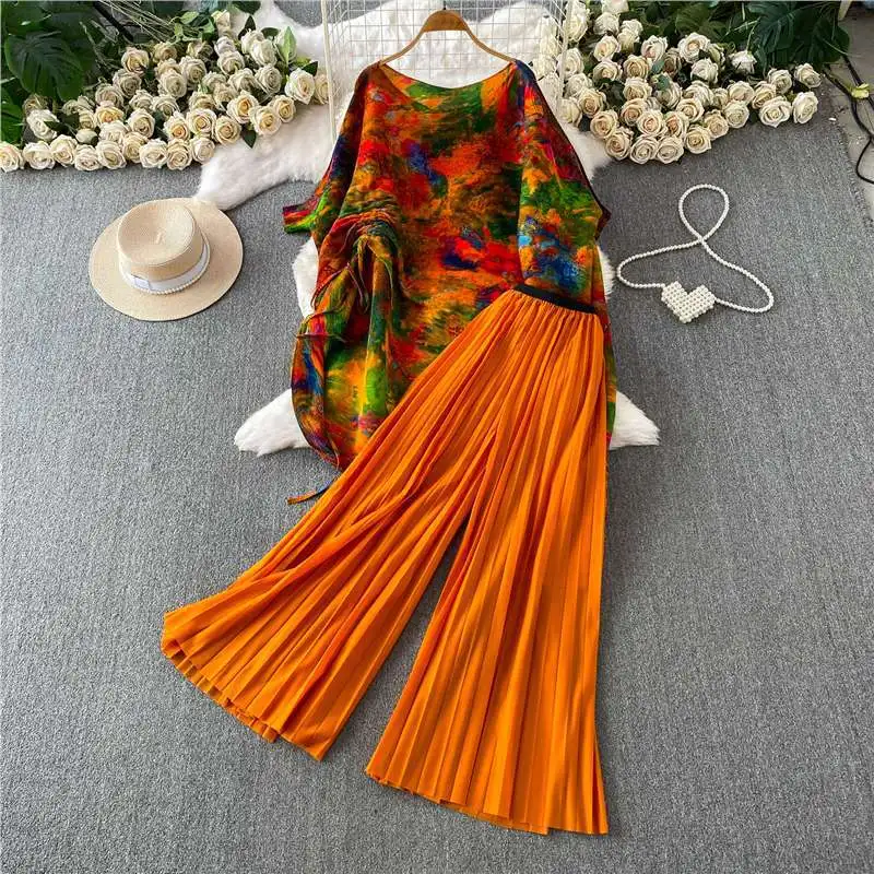 Miyake Light Luxury Oil Painting Printing Design Split Drawstring One-word Collar Bat Sleeve Long Top Two-piece Set view 2