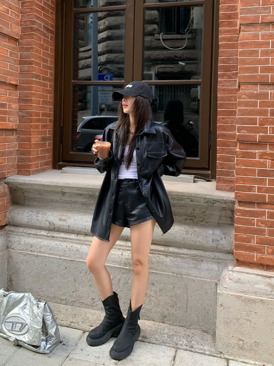 ChenMiFan Women's Long Sve PU Leather Jaet Biker Sle Personali Loose Fit Waist Cinched Outerwear Faionable Coat