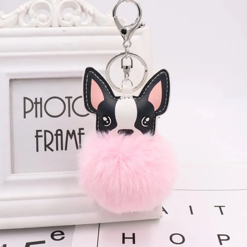 PU Leather Animal Dog Keyring Holder Bag Charm Key Chains Fluffy Rabbit Fur Ball French Bulldog Keychain Pompom Key Chain