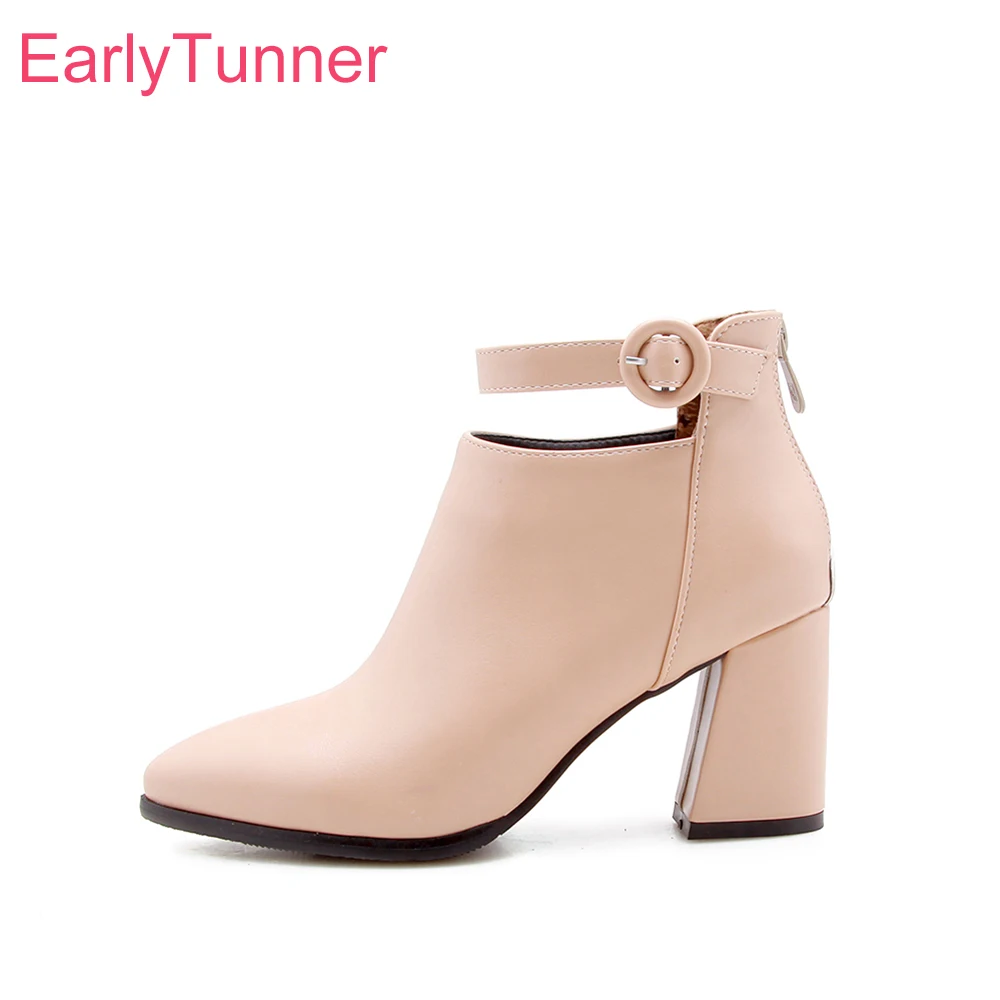 

New Spring Sweet Beige Black Women Ankle Boots Sexy High Chunky Heels Office Lady Shoes Plus Small Big Size 11 32 43 45 47