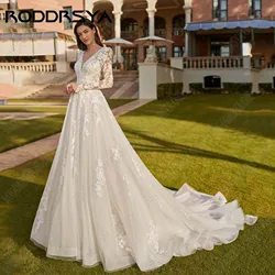 RODDRSYA Luxury V-Neck Wedding Dresses A-line Backless Long Sleeves Bridal Gowns Lace Applique Sweep Train Bride Dress 2024