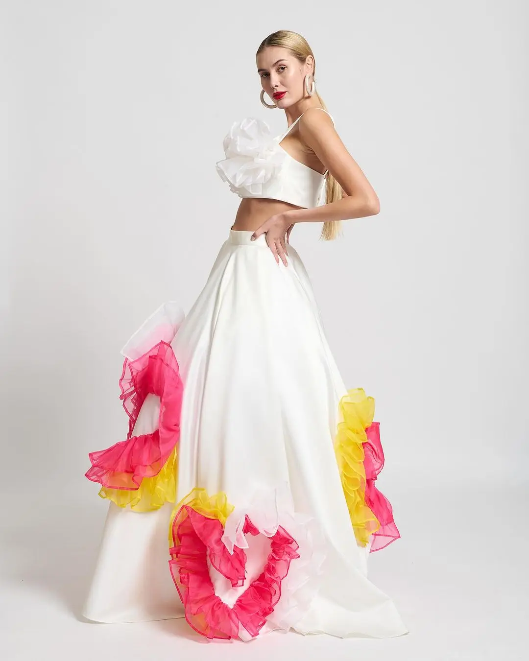 Trendy White Satin Maxi Skirt with Colorful Circle Strips Chic Design A Line Wedding Skirt with Pocket Ruffled Tulle Satin Skirt